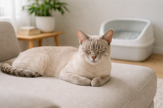 Chat hypoallergénique se reposant dans un intérieur propre et lumineux avec une Litière Pacha en arrière-plan