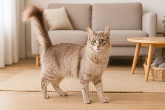 Chat Javanais à poils longs debout dans un salon moderne lumineux — élégance féline avec Litière Pacha