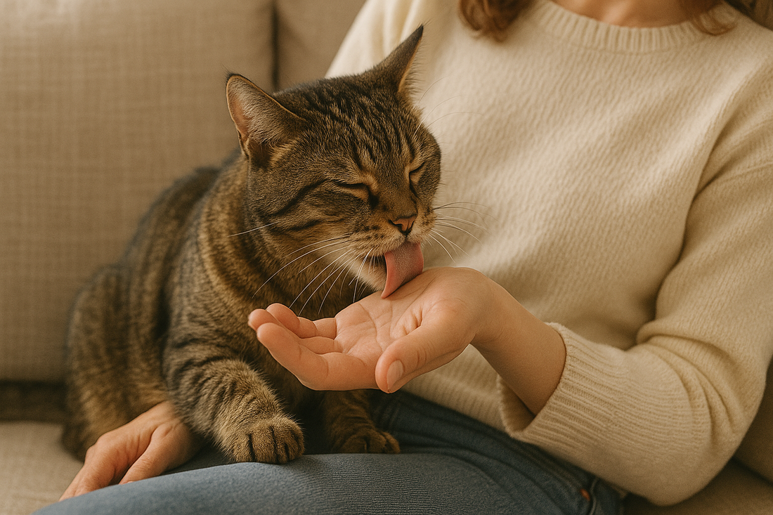 Chat qui lèche la main de son propriétaire pour montrer de l’affection – Litière Pacha