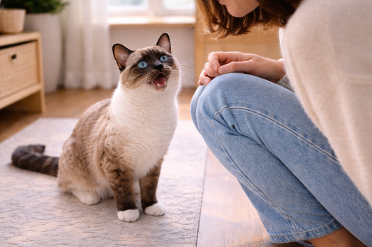 Chat qui miaule pour communiquer avec son humain dans un environnement calme – Litière Pacha