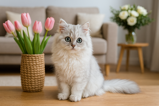 Chat persan blanc assis dans un salon avec des fleurs fraîches – Litière Pacha