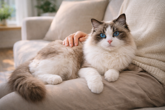 Chat Ragdoll affectueux au pelage soyeux se reposant à la maison avec Litière Pacha
