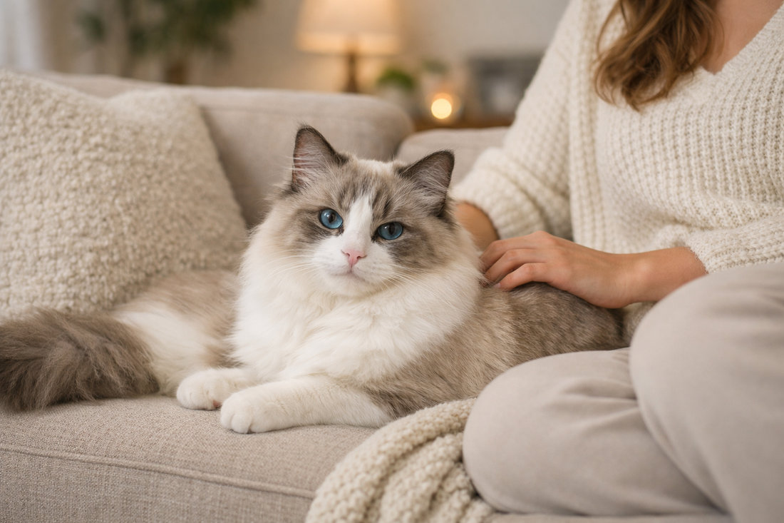 Chat Ragdoll au tempérament calme et affectueux se reposant à la maison – Litière Pacha