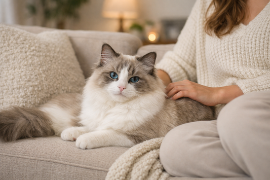 Chat Ragdoll au tempérament calme et affectueux se reposant à la maison – Litière Pacha