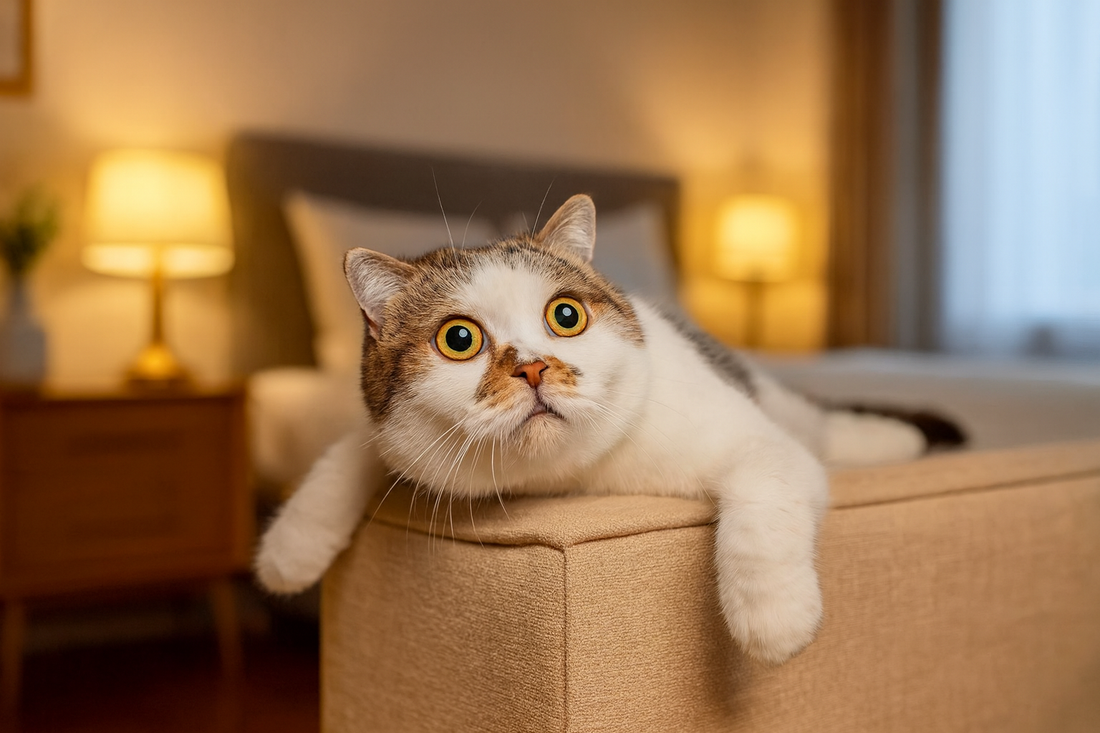 Chat Scottish Fold allongé sur un lit dans une chambre élégante — Litière Pacha