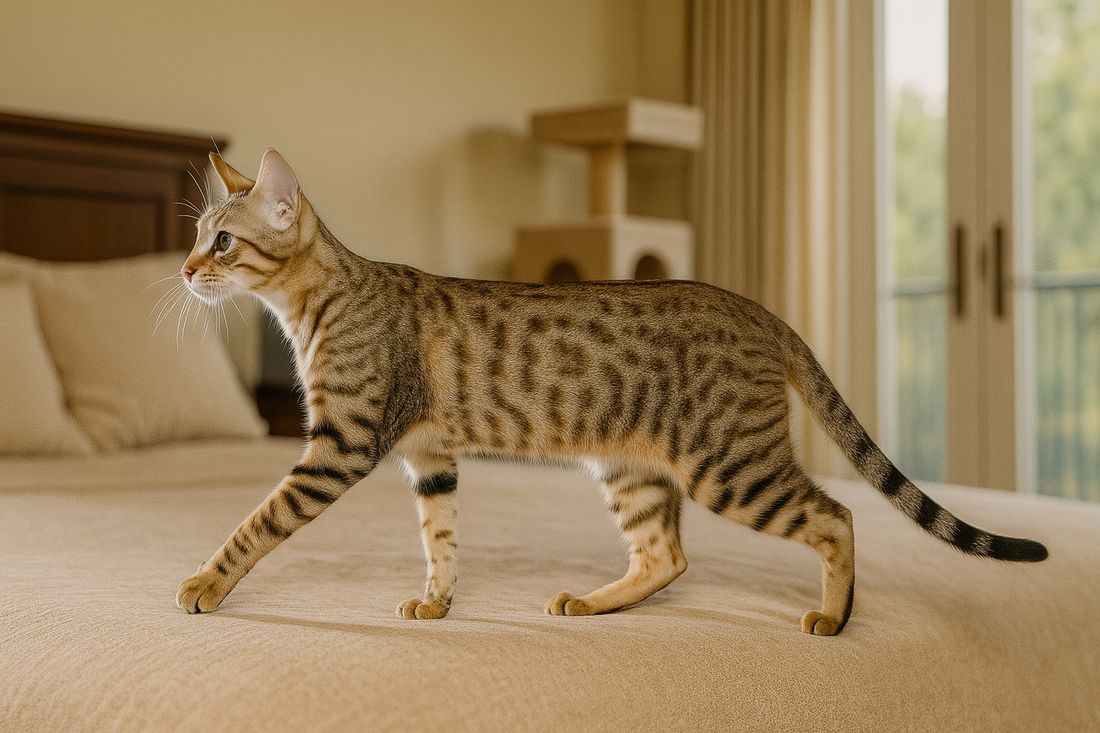 Chat Sokoke hybride marchant sur un lit dans une chambre avec arbre à chat – Litière Pacha