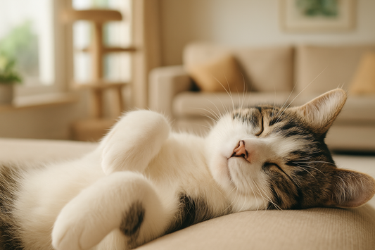 Chat tabby en pleine sieste sur un canapé beige dans un salon lumineux avec arbre à chat — moment de détente avec Litière Pacha