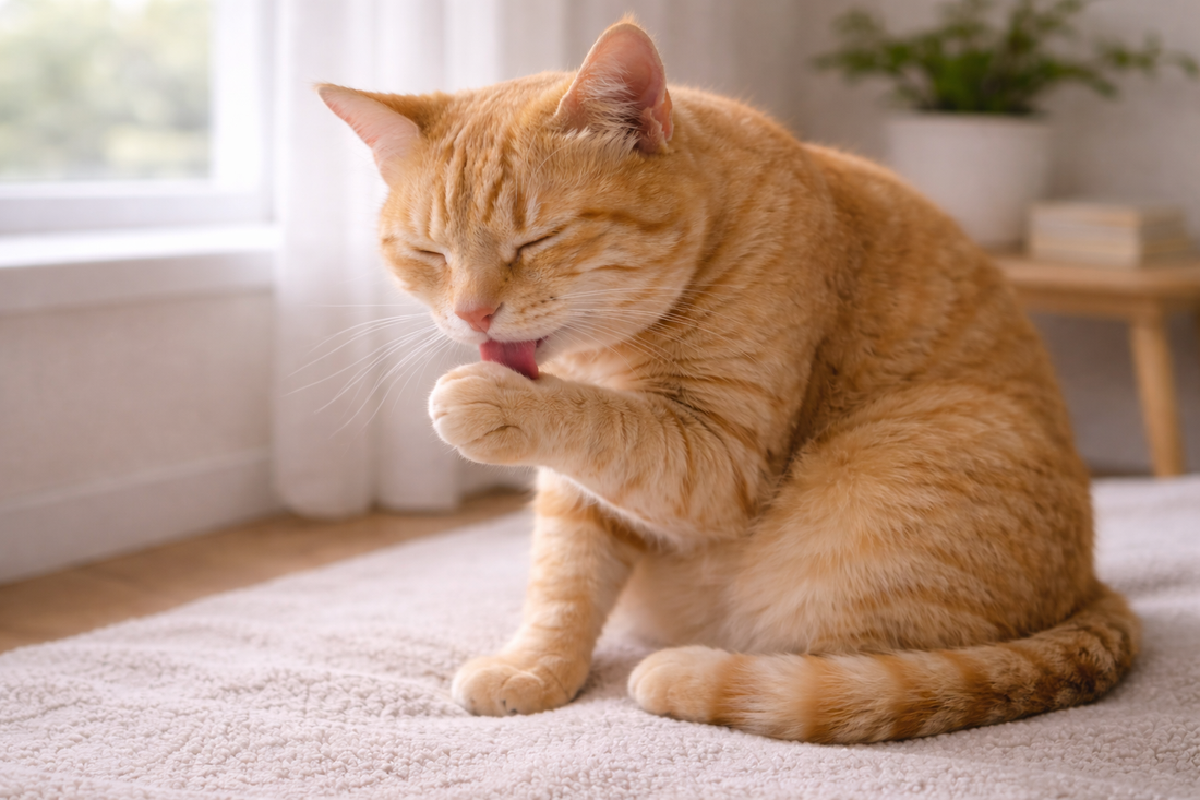 Chat se léchant calmement pour son toilettage naturel et son bien-être quotidien avec Litière Pacha
