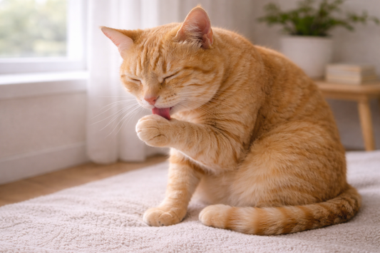 Chat se léchant calmement pour son toilettage naturel et son bien-être quotidien avec Litière Pacha
