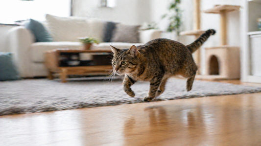 Chat en pleine course rapide dans le salon pendant une crise de zoomies Litière Pacha