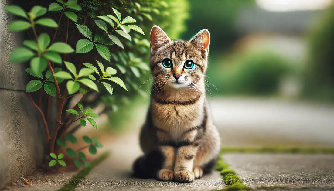 hat errant tigré aux yeux verts, assis sur un trottoir en béton à côté d'un buisson verdoyant, avec une lumière naturelle douce et une ambiance extérieure paisible. Litière Pacha.