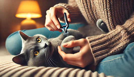 Photographie réaliste d'un chat gris aux yeux jaunes allongé sur les genoux d'une personne pendant qu'elle lui coupe les griffes avec un coupe-griffes - Litière Pacha