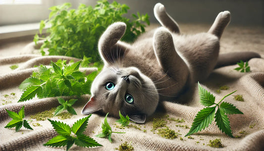 Chat gris jouant joyeusement sur un tapis doux avec des feuilles d'herbe à chat fraîche autour de lui, les pattes levées et l'air détendu. Litière Pacha.   4/4