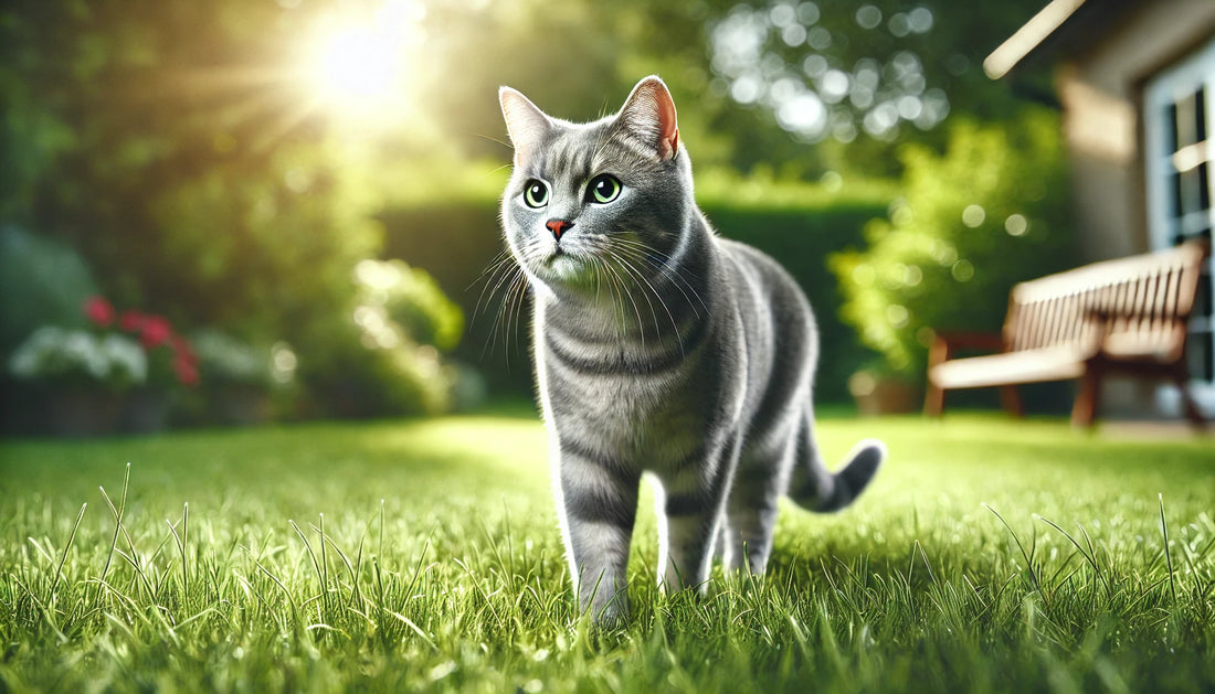 Chat tigré gris debout sur une pelouse verdoyante sous le soleil, regardant attentivement son environnement dans un cadre naturel et apaisant. Litière Pacha.