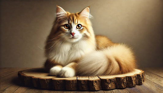 Photographie réaliste d'un chat Kurilian Bobtail avec un pelage orange et blanc, allongé sur une planche de bois rustique, éclairé par une lumière douce - Litière Pacha