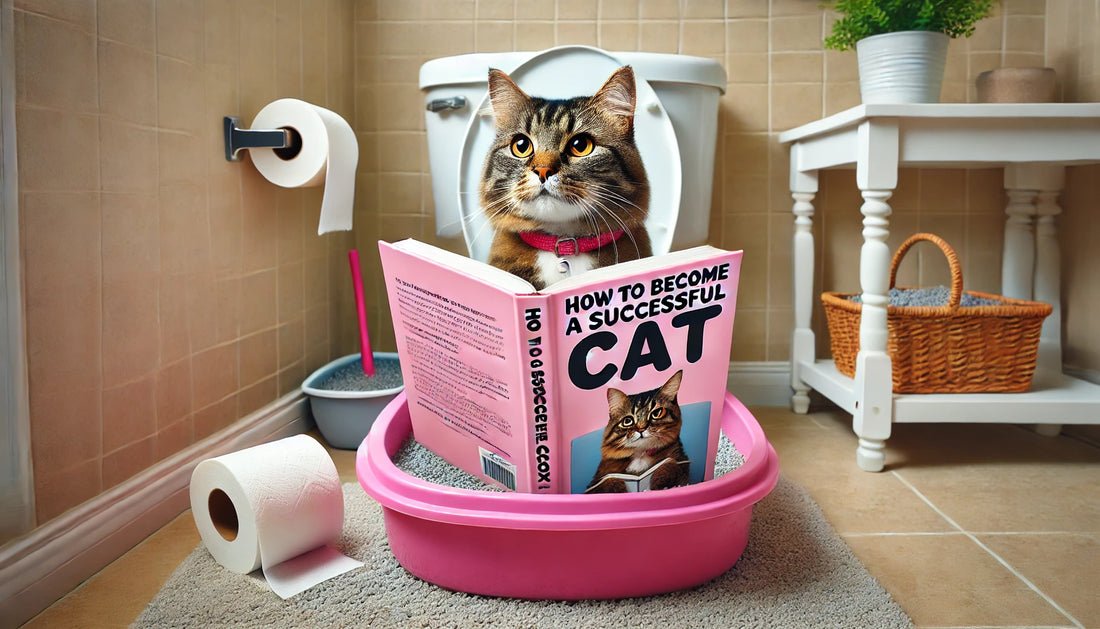 Chat tigré assis dans une litière rose, lisant un livre humoristique intitulé "How to Become a Successful Cat", dans une salle de bain propre avec une pelle à litière et un rouleau de papier toilette à proximité. Litière Pacha.