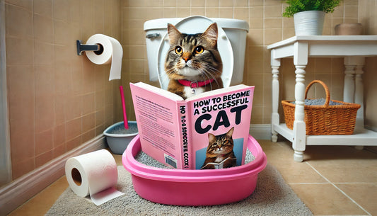 Chat tigré assis dans une litière rose, lisant un livre humoristique intitulé "How to Become a Successful Cat", dans une salle de bain propre avec une pelle à litière et un rouleau de papier toilette à proximité. Litière Pacha.