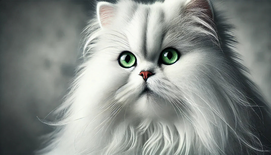 Photographie réaliste d'un chat Persan blanc avec un pelage soyeux et des yeux verts, capturé en gros plan sur un fond flou - Litière Pacha