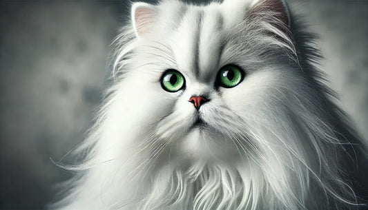 Photographie réaliste d'un chat Persan blanc avec un pelage soyeux et des yeux verts, capturé en gros plan sur un fond flou - Litière Pacha
