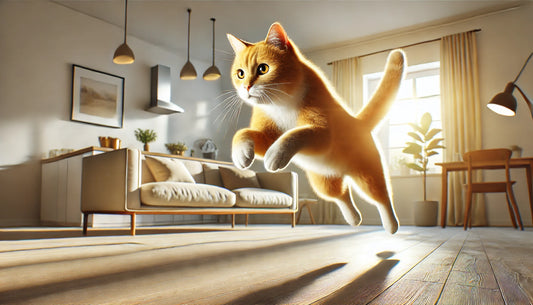 Chat roux tigré en plein saut dans un appartement moderne et ensoleillé avec un canapé crème et une fenêtre lumineuse en arrière-plan