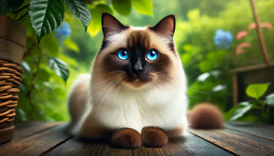 Photographie réaliste d'un chat siamois avec un pelage crème et des points bruns foncés, aux yeux bleus intenses, assis sur une surface en bois entourée de verdure - Litière Pacha