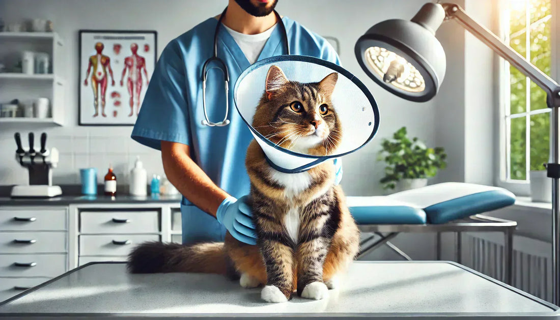 Photographie réaliste d'un chat tigré portant une collerette médicale, assis sur une table d'examen vétérinaire blanche, avec un vétérinaire en blouse bleue offrant du réconfort - Litière Pacha