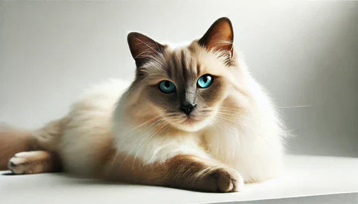 Photographie studio réaliste d'un chat Tonkinese avec un pelage crème et beige, allongé élégamment sur un fond blanc - Litière Pacha