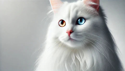 Photographie réaliste d'un chat Turkish Angora blanc avec des yeux hétérochromes (un bleu et un ambre), sur fond blanc pur - Litière Pacha