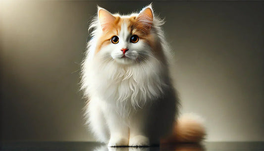 Photographie réaliste d'un chat Turkish Van avec un pelage blanc et des marques rousses sur la tête et la queue, posé sur une surface noire polie avec un fond flou neutre - Litière Pacha