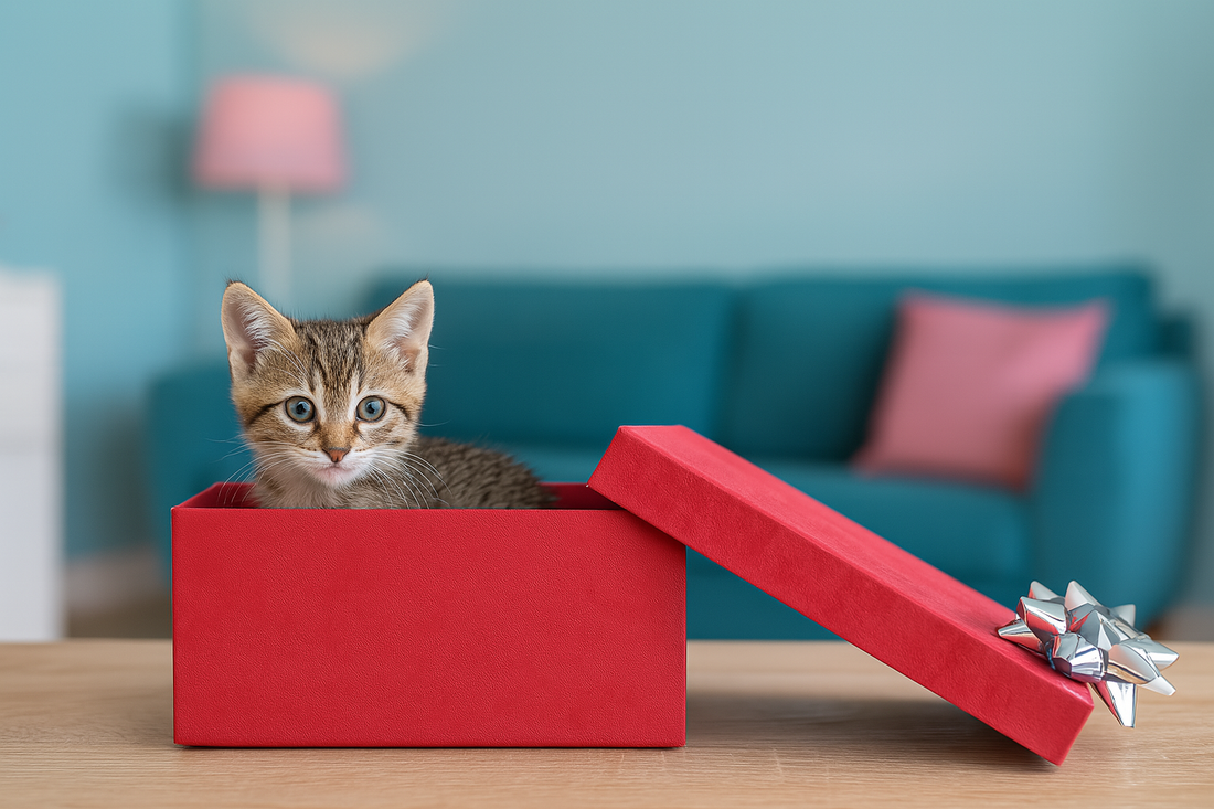 Chaton tigré dans une boîte rouge posé sur une table dans un salon bleu et rose – Litière Pacha