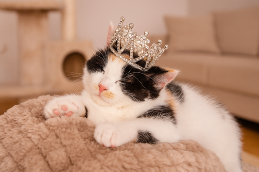 Chaton calico endormi avec une couronne sur un plaid moelleux dans un salon cosy avec arbre à chat — moment royal et paisible avec Litière Pacha