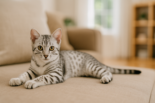 Chaton Egyptian Mau allongé sur un canapé beige dans un salon lumineux — élégance naturelle et confort avec Litière Pacha
