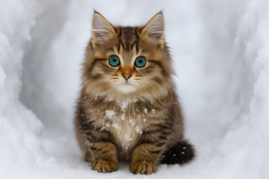Chaton Norvégien trop mignon assis dans la neige au format 16:9 – Litière Pacha