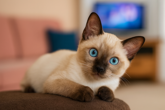 Chaton siamois aux yeux bleus allongé sur un canapé rose devant une télévision — Litière Pacha