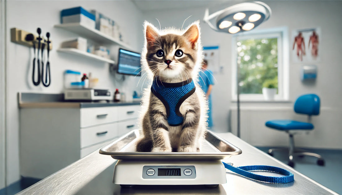 Jeune chaton portant un harnais bleu, assis sur une balance vétérinaire dans une clinique moderne.