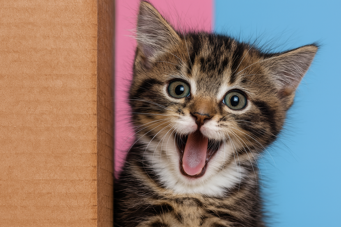 Chaton tigré avec une expression joyeuse devant un fond rose et bleu – Litière Pacha