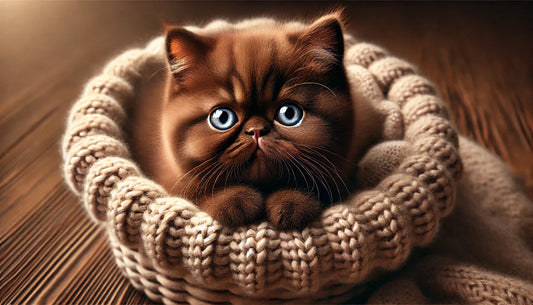 Photographie réaliste d'un chaton Exotic Shorthair marron avec des yeux bleus, confortablement allongé dans un panier tricoté beige - Litière Pacha