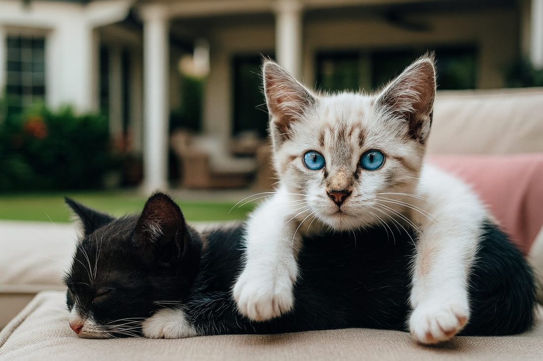 Deux chatons se reposent sur un canapé devant une grande maison avec lanai — Litière Pacha