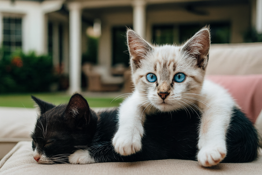 Deux chatons se reposent sur un canapé devant une grande maison avec lanai — Litière Pacha