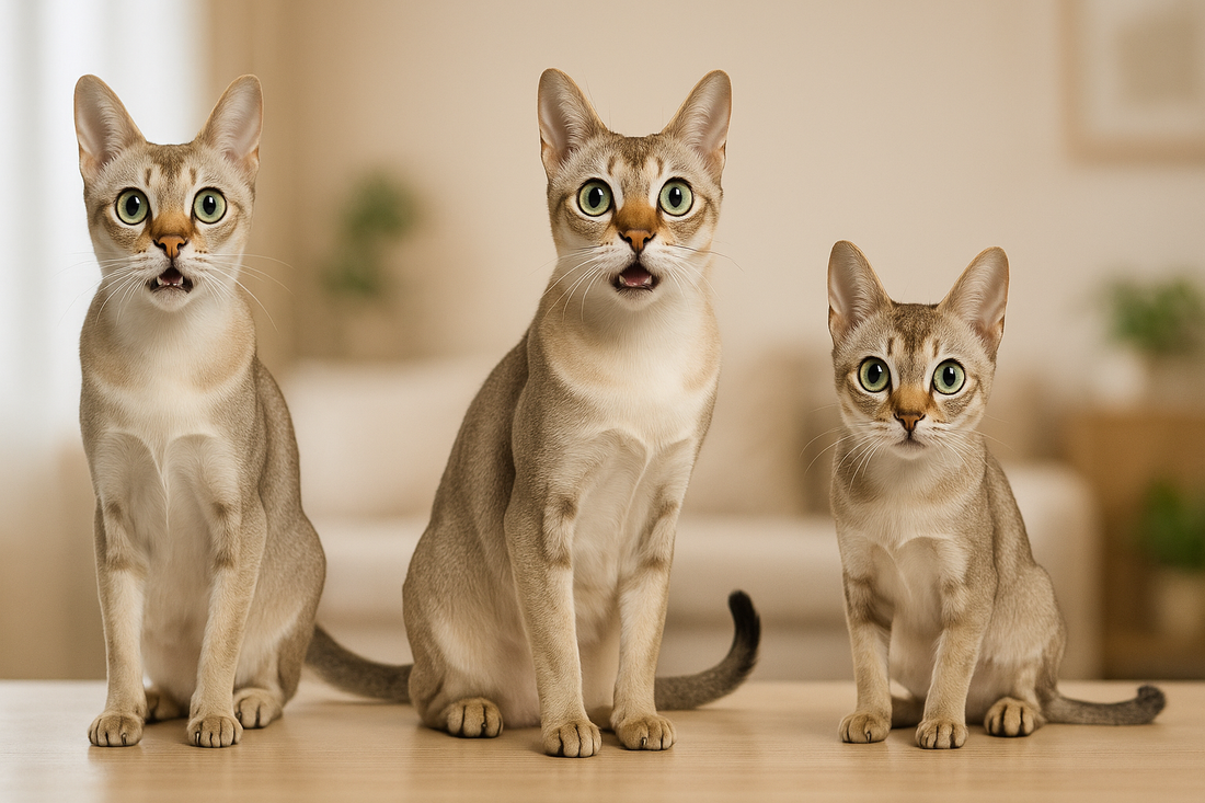Trois chats Singapura posant dans un salon lumineux – Litière Pacha