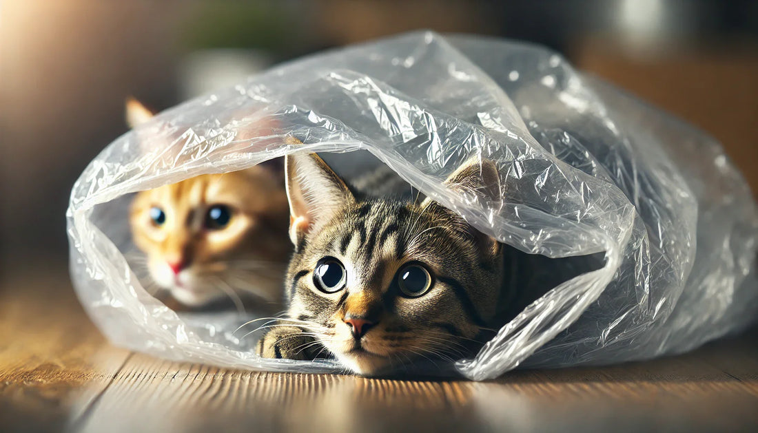 Deux chats jouant à se cacher dans un sac en plastique transparent, l’un regardant curieusement à l’extérieur avec des yeux grands ouverts. Lumière naturelle douce et mise en valeur des textures. Litière Pacha.