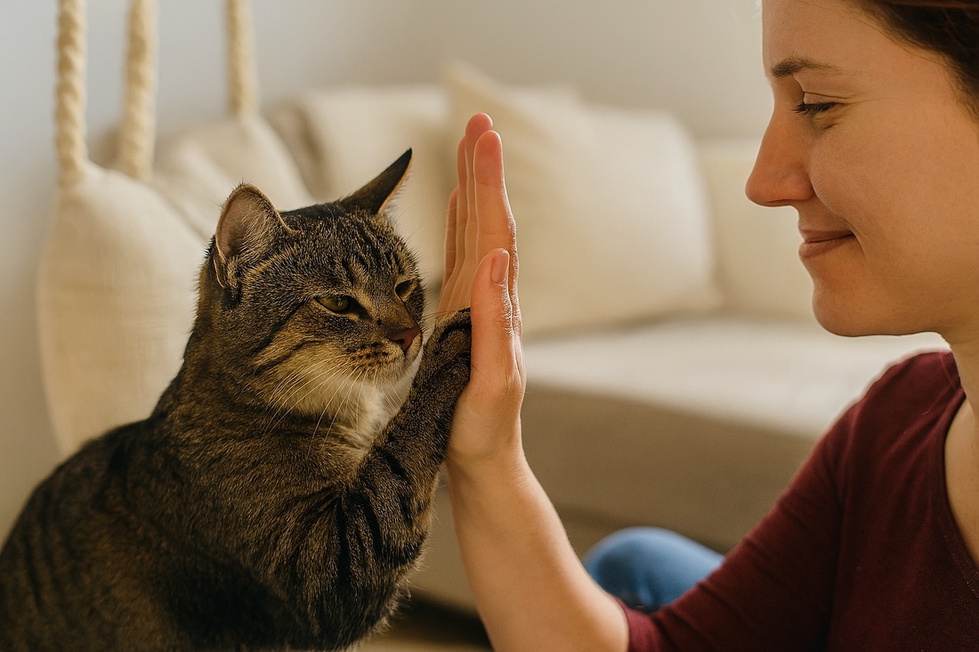 Femme souriante faisant un high-five avec son chat dans un salon cosy – Litière Pacha