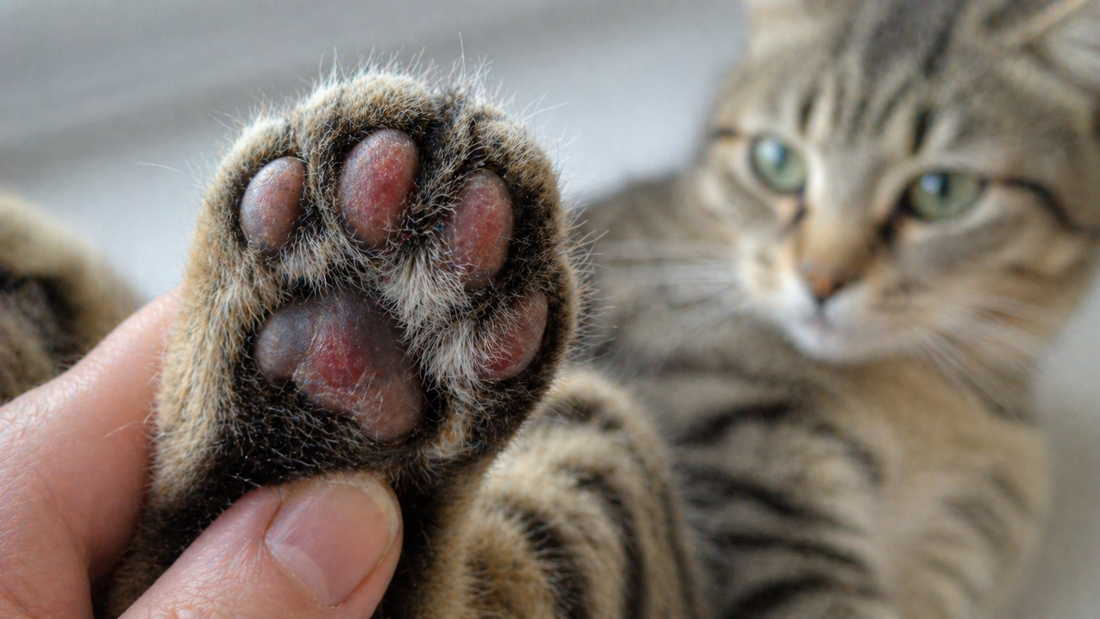 Coussinets rouges et gercés chez le chat signe d’irritation des pattes Litière Pacha