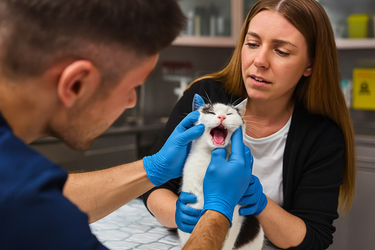 Examen dentaire d’un chat chez le vétérinaire avec sa propriétaire — Litière Pacha
