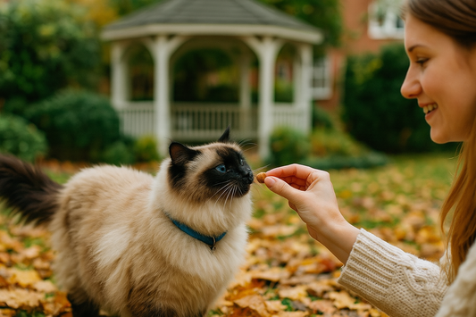 Une jeune femme donne une friandise à son chat devant un gazebo en automne — Litière Pacha     Ask ChatGPT