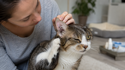 Chat se grattant l’oreille avec dépôt noir caractéristique de la gale auriculaire – Litière Pacha