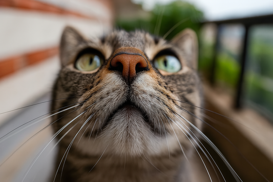 Gros plan sur le nez d’un chat tigré avec fond de balcon — Litière Pacha