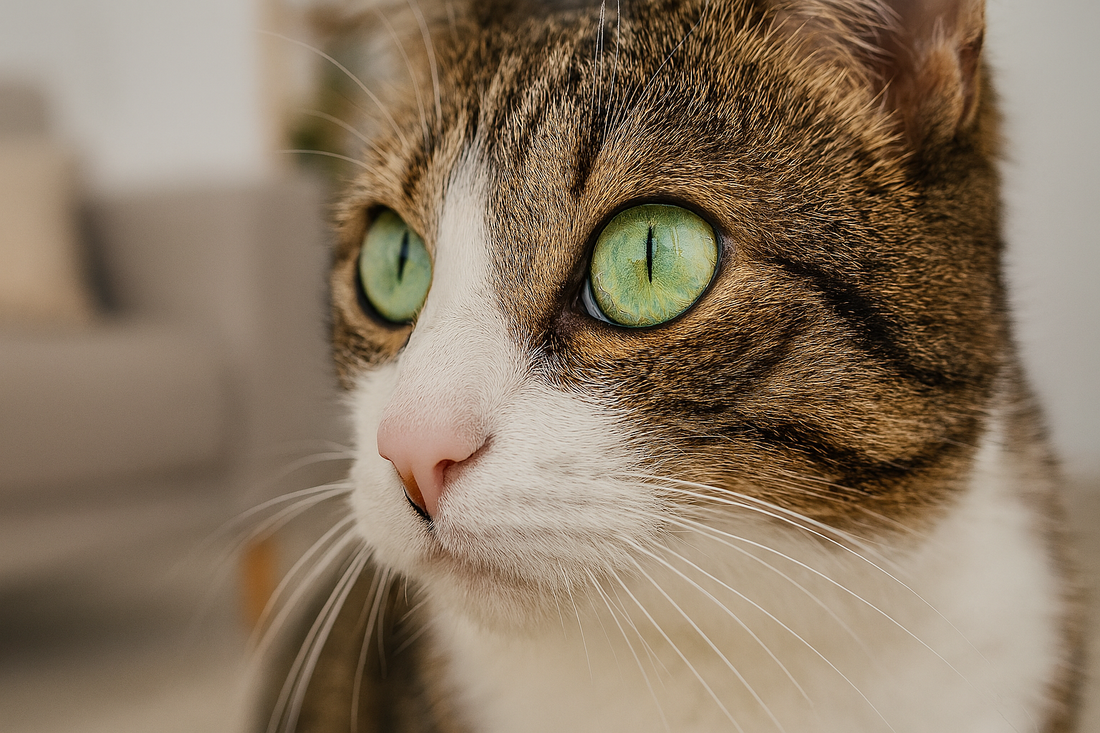 Gros plan sur les yeux verts d’un chat dans un salon lumineux – Litière Pacha