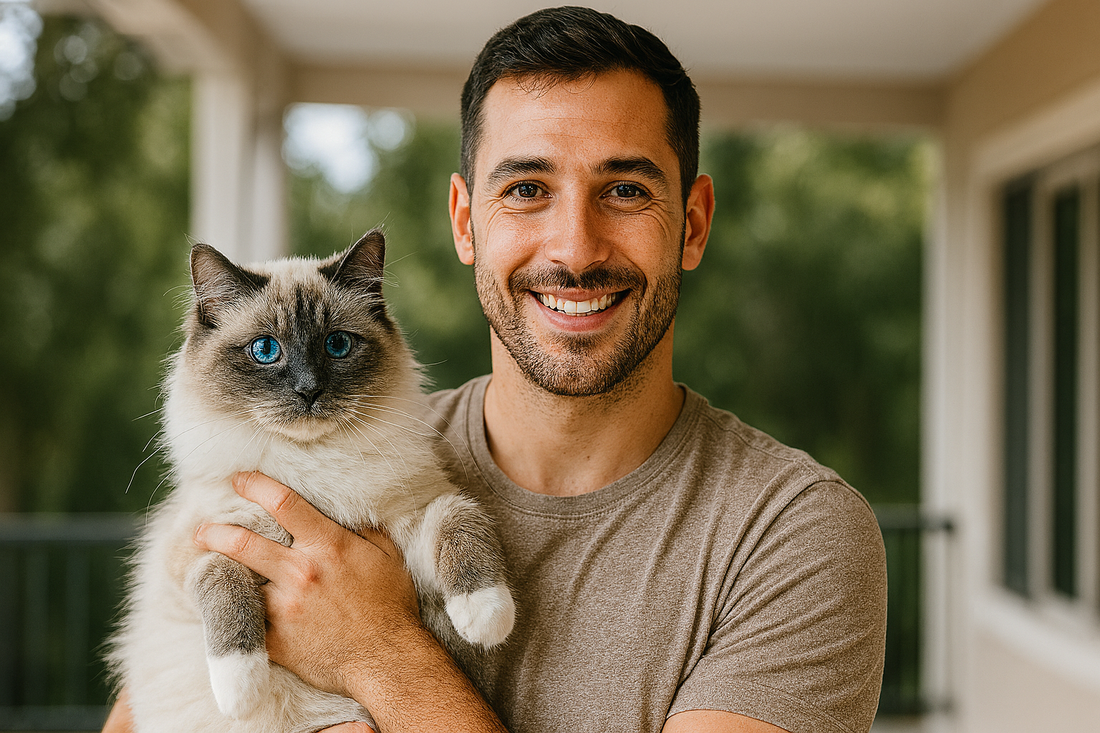  Jeune homme souriant tenant un chat Ragdoll sur une terrasse – Litière Pacha