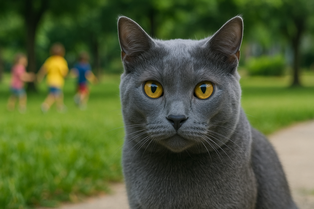 Chat Korat aux yeux dorés dans un parc verdoyant – Litière Pach